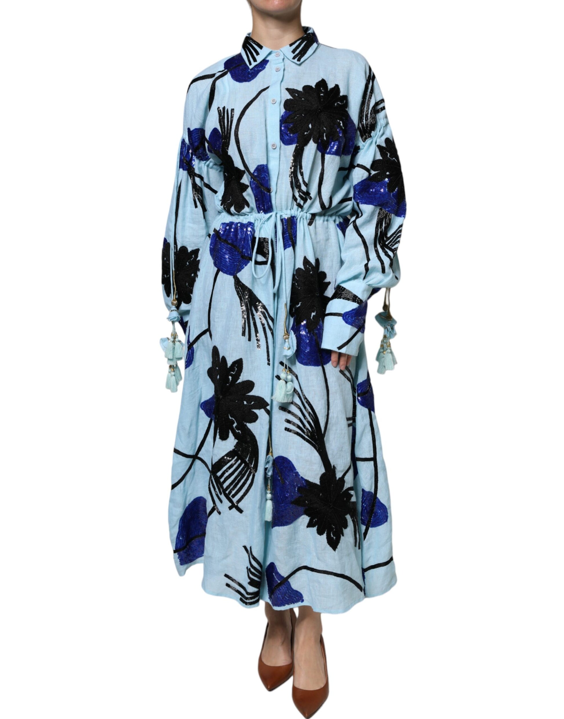 Robe longue à chemise ornée de fleurs bleu clair Christian Pellizzari