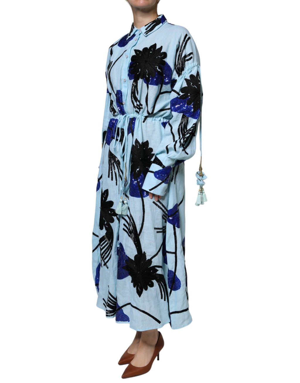 Robe longue à chemise ornée de fleurs bleu clair Christian Pellizzari