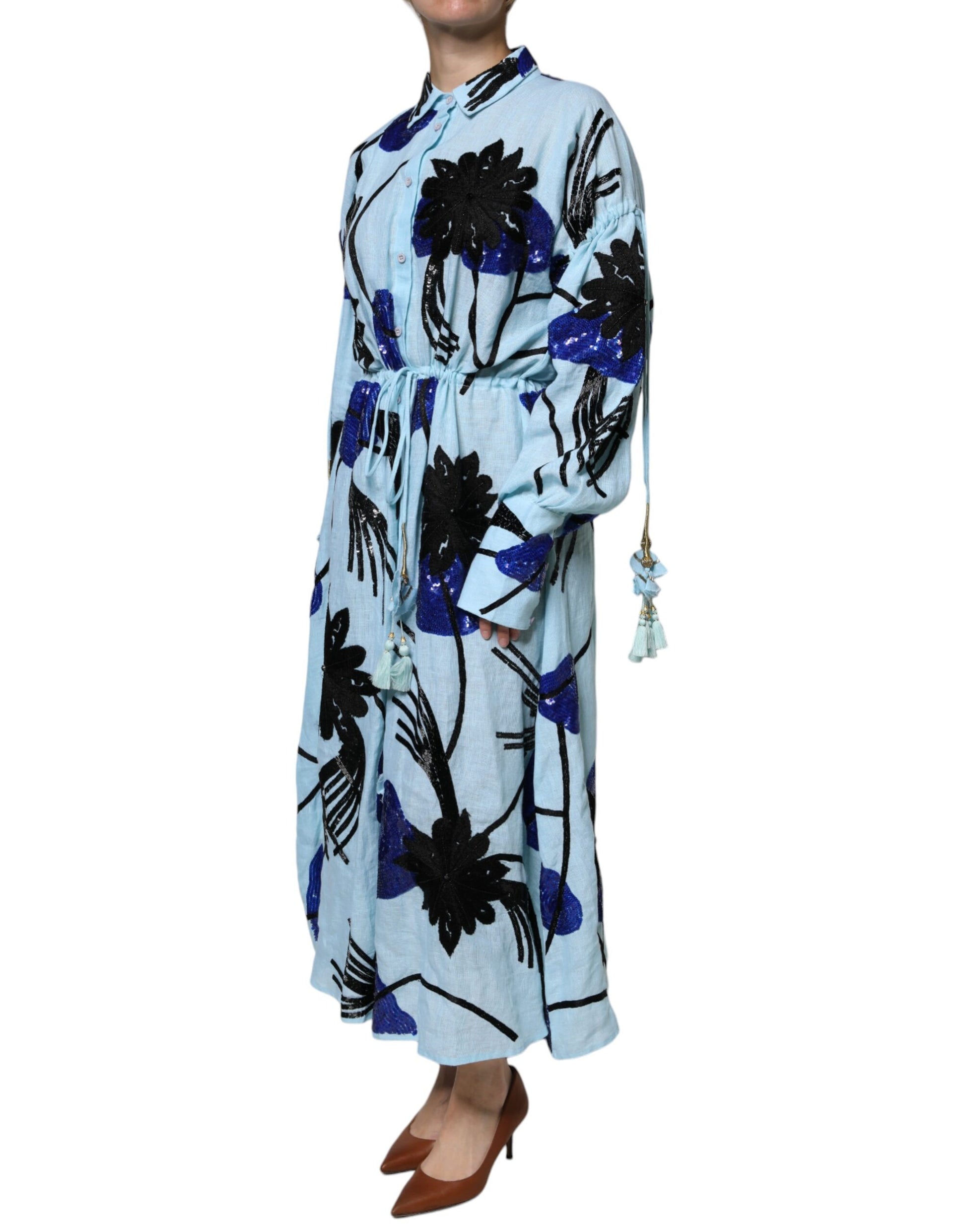 Robe longue à chemise ornée de fleurs bleu clair Christian Pellizzari