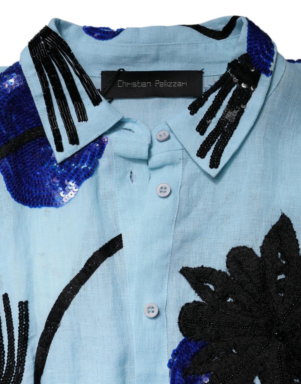 Robe longue à chemise ornée de fleurs bleu clair Christian Pellizzari