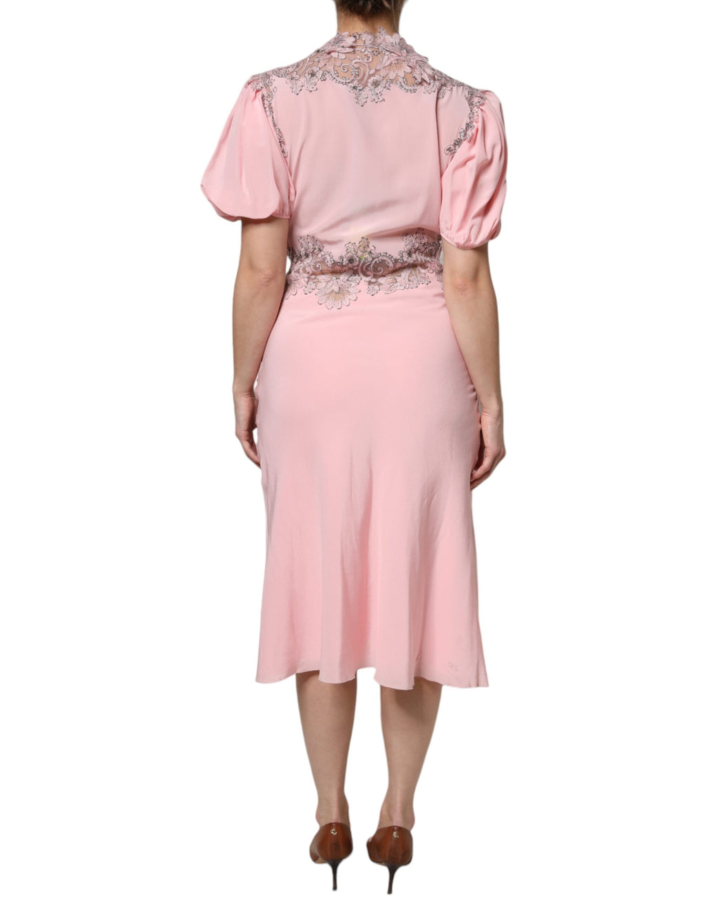 Ermanno Scervino – Rosafarbenes Midikleid mit Blumenspitze und V-Ausschnitt, kurzärmlig