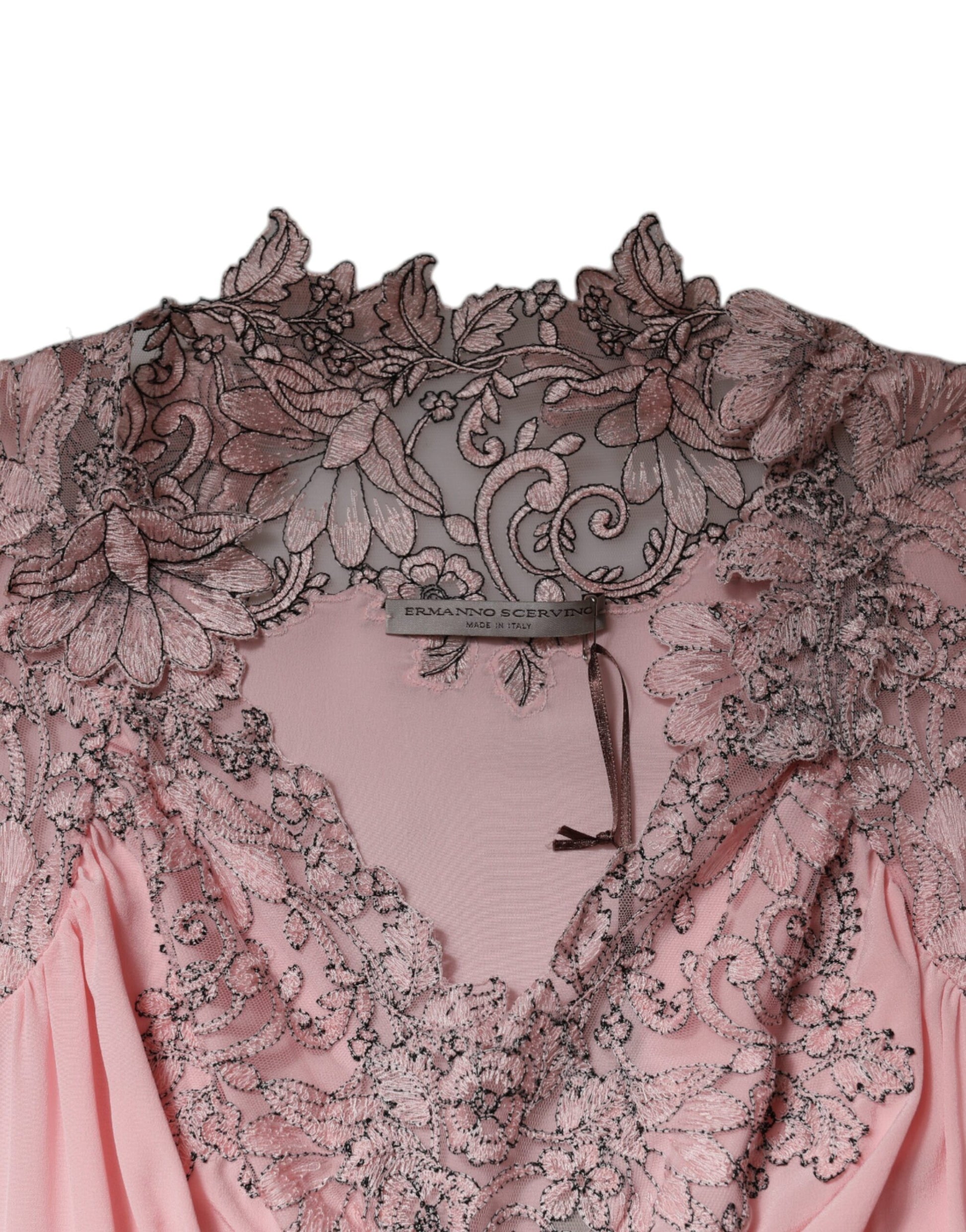 Ermanno Scervino – Rosafarbenes Midikleid mit Blumenspitze und V-Ausschnitt, kurzärmlig