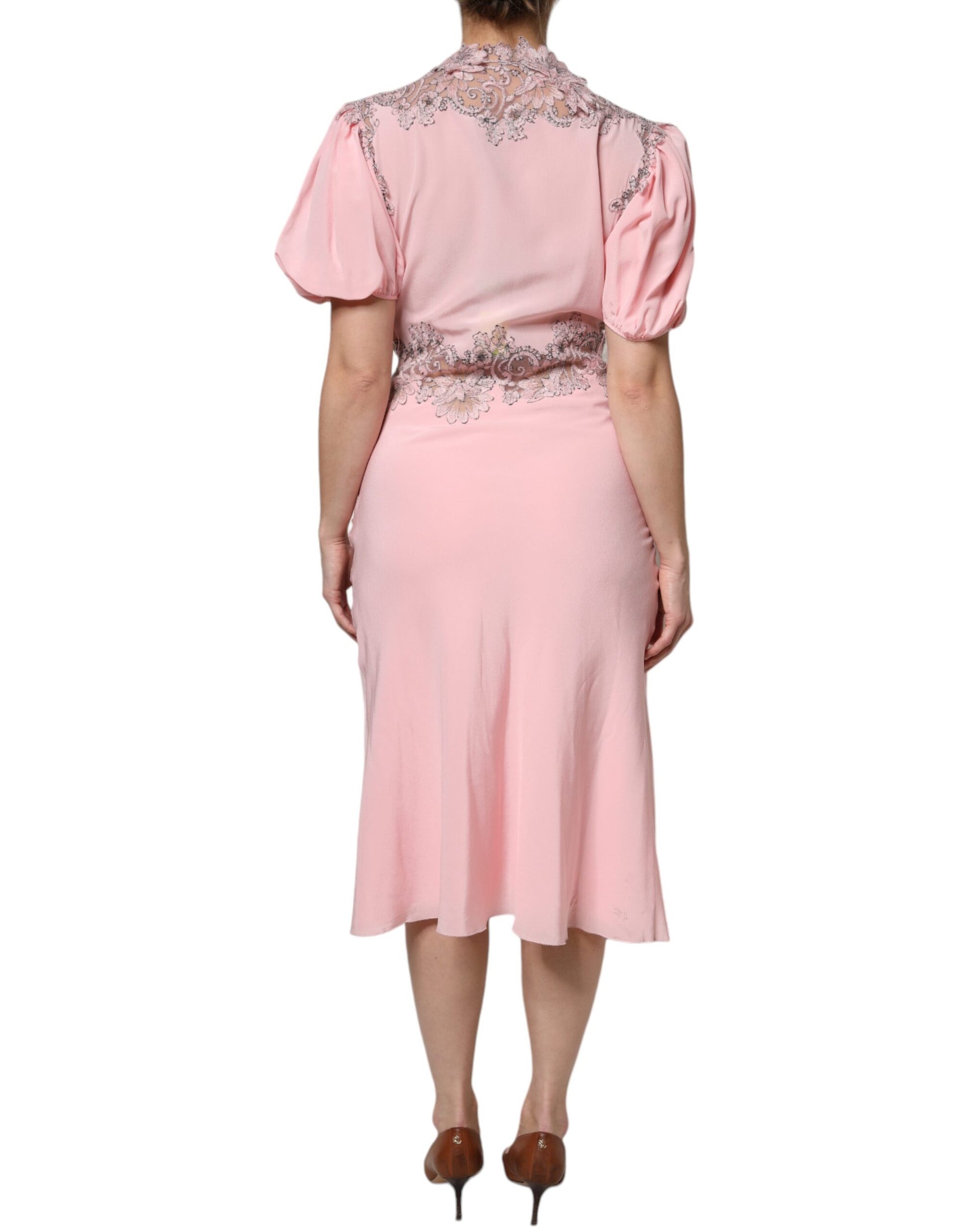 Ermanno Scervino – Rosafarbenes Midikleid mit Blumenspitze und V-Ausschnitt, kurzärmlig