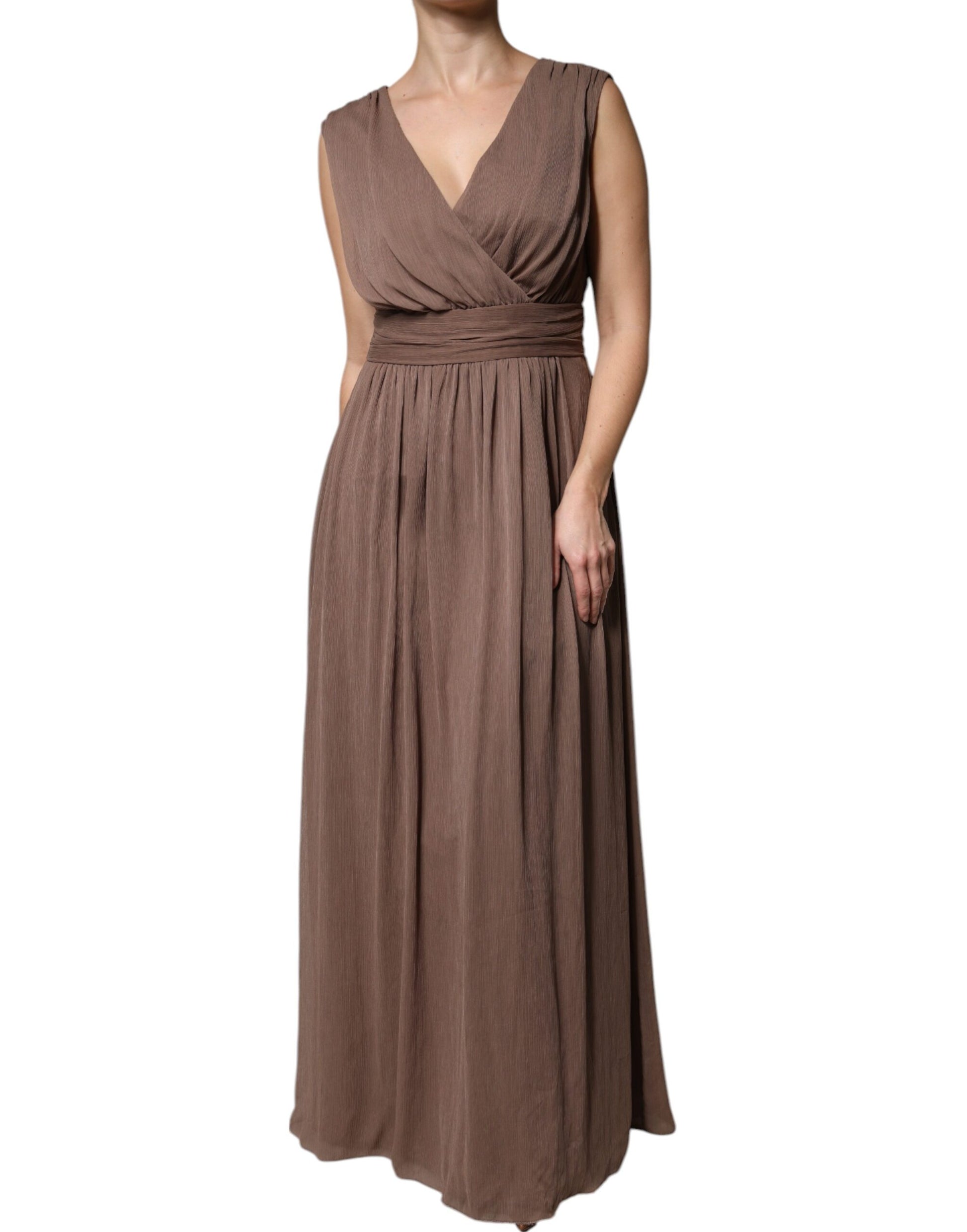 Robe longue maxi trapèze sans manches marron à col en V profond Peserico