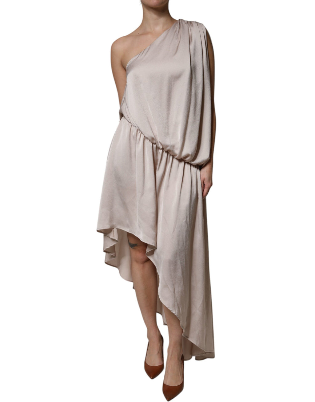 Robe drapée asymétrique beige à épaule unique Christian Pellizzari