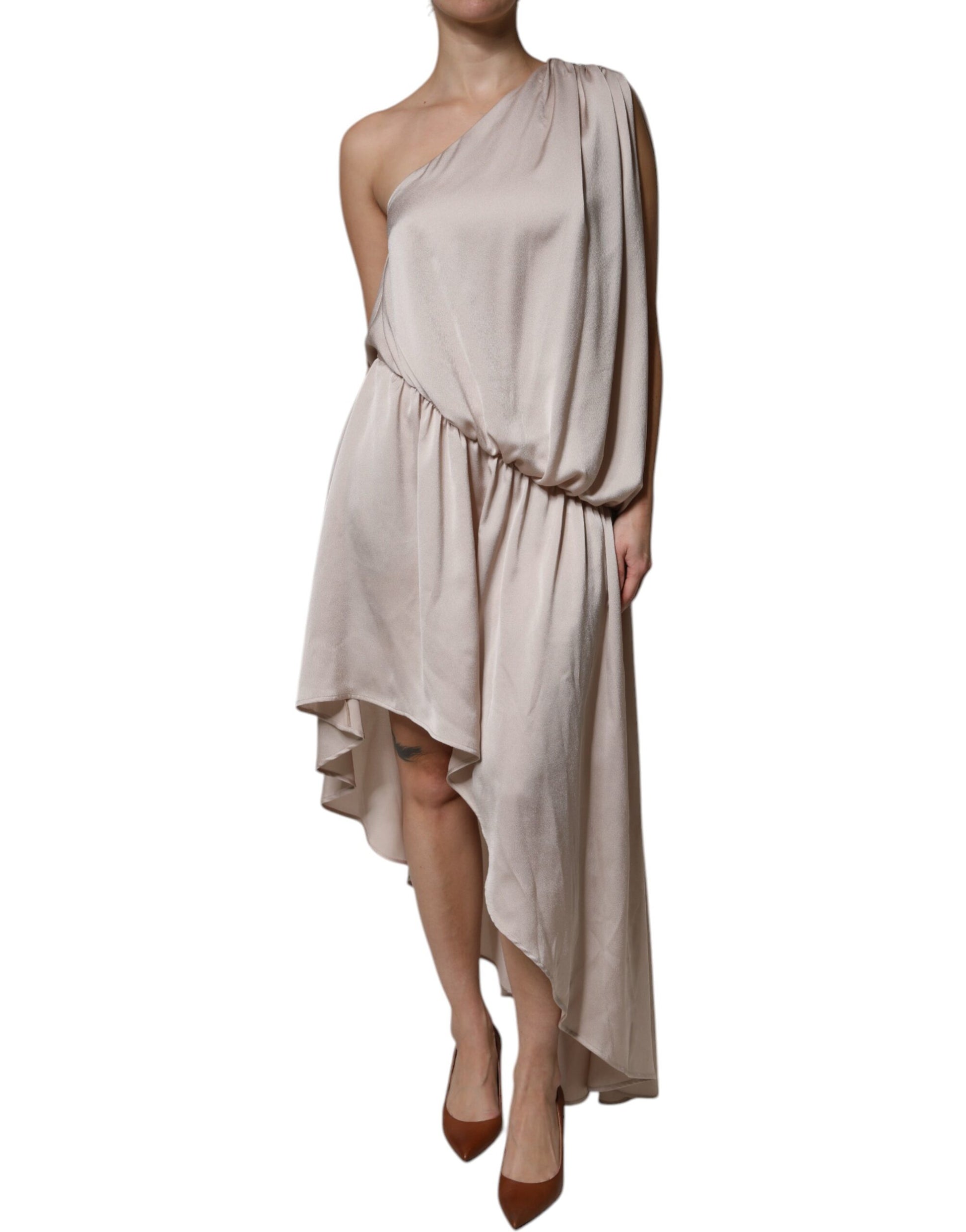 Robe drapée asymétrique beige à épaule unique Christian Pellizzari