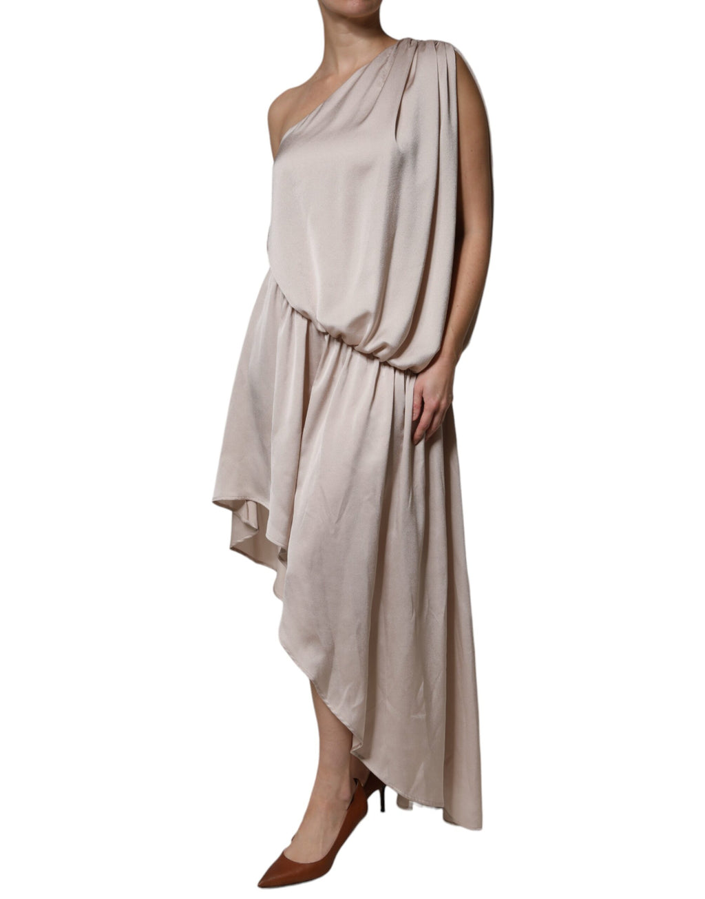 Robe drapée asymétrique beige à épaule unique Christian Pellizzari