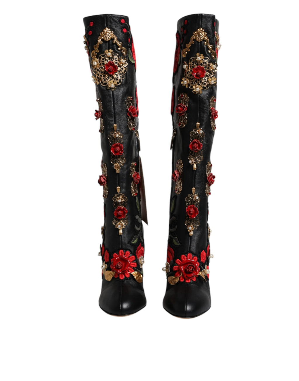 Chaussures bottines à talons en cuir ornées de roses noires Dolce & Gabbana