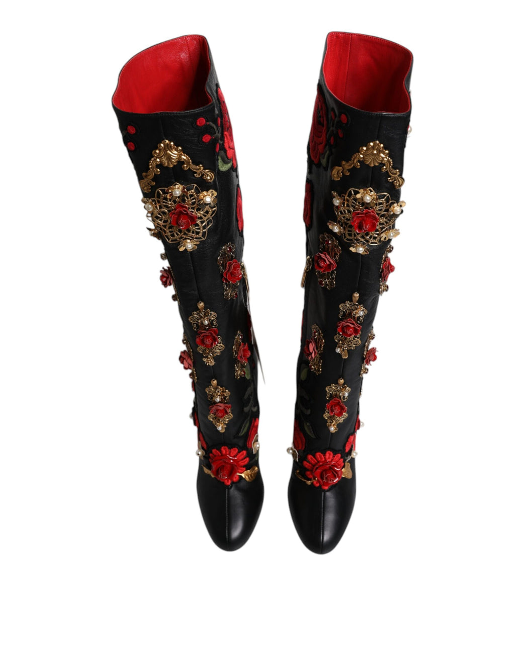 Chaussures bottines à talons en cuir ornées de roses noires Dolce & Gabbana