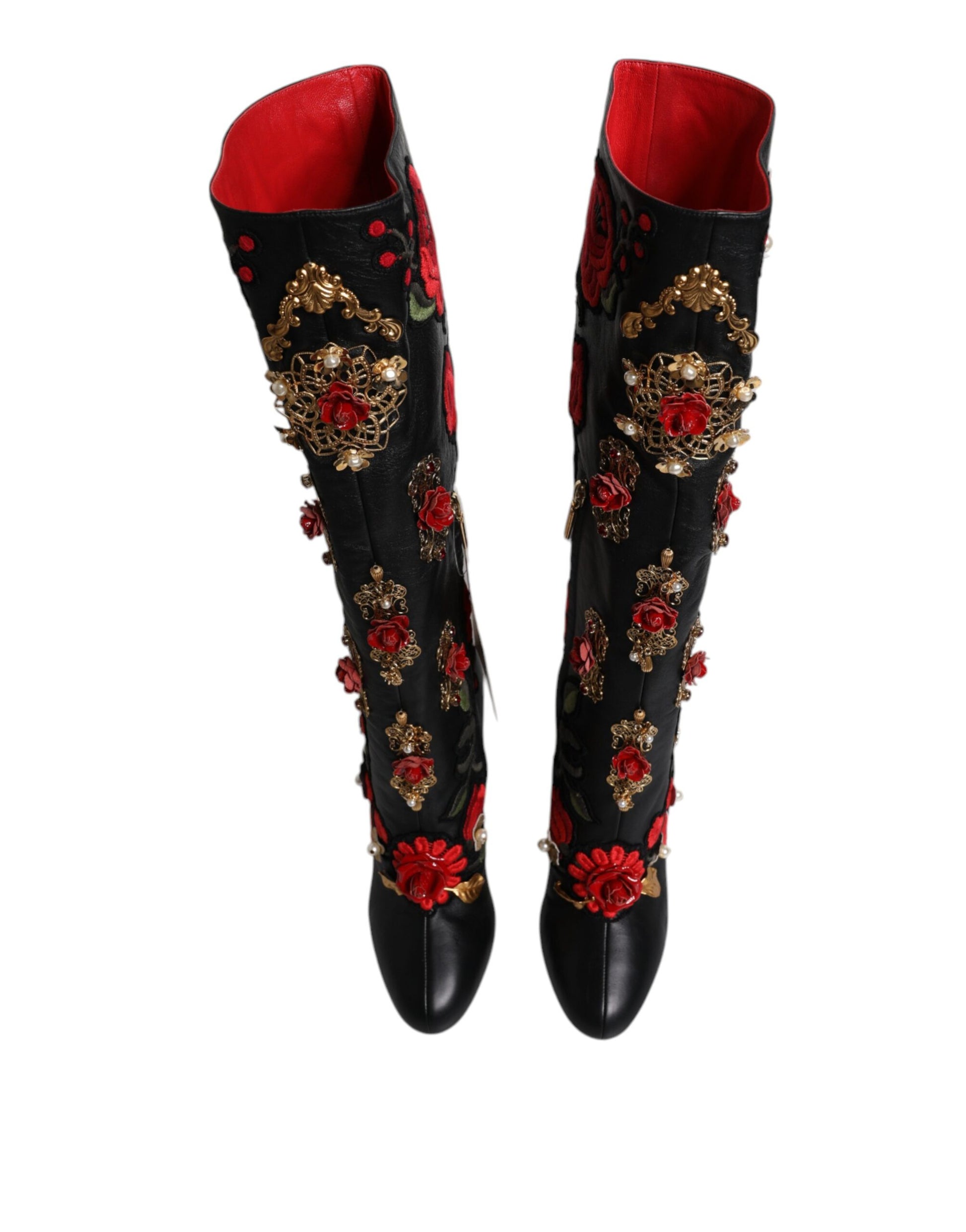 Chaussures bottines à talons en cuir ornées de roses noires Dolce & Gabbana