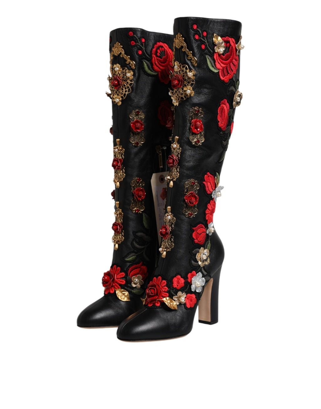 Chaussures bottines à talons en cuir ornées de roses noires Dolce & Gabbana