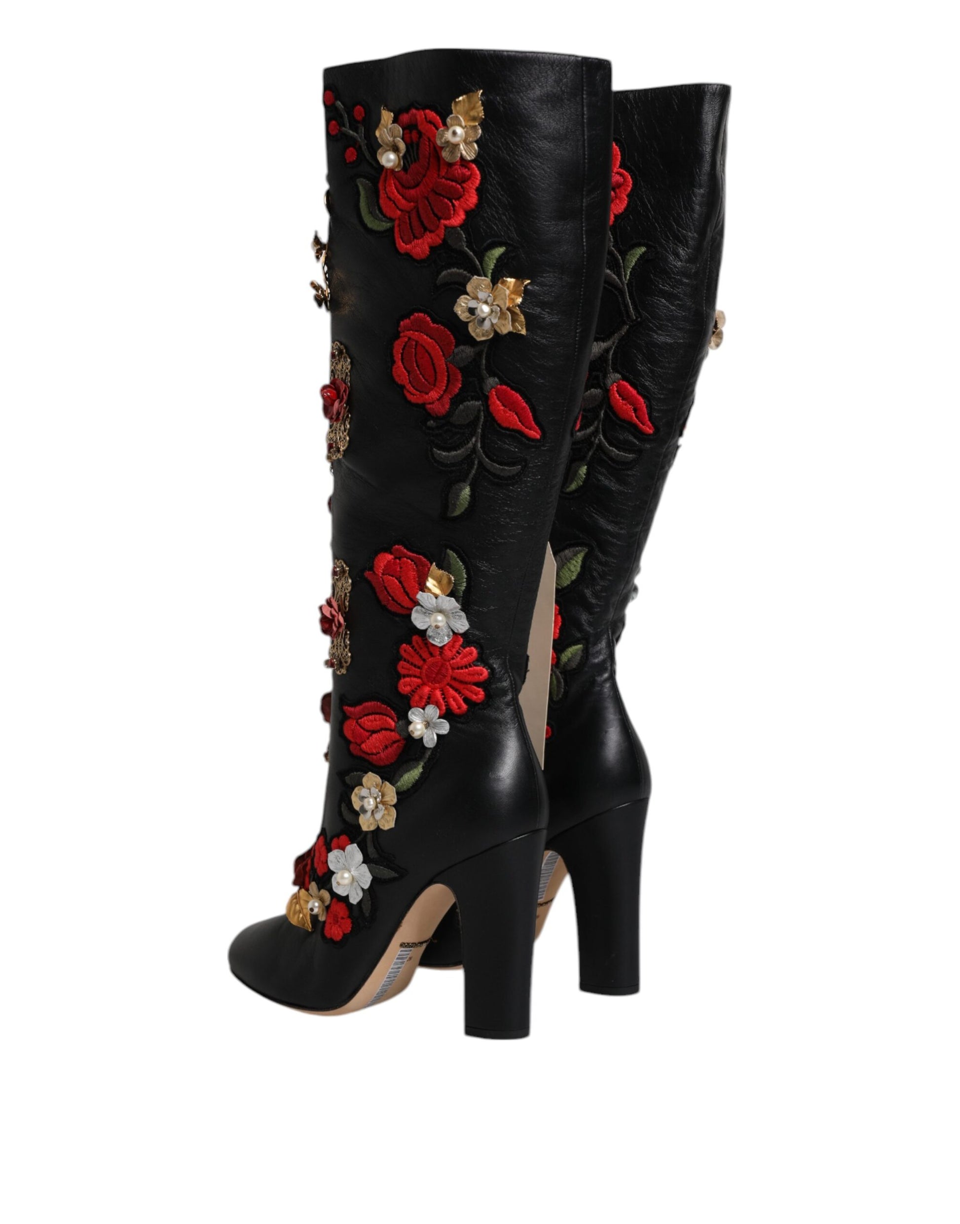Chaussures bottines à talons en cuir ornées de roses noires Dolce & Gabbana