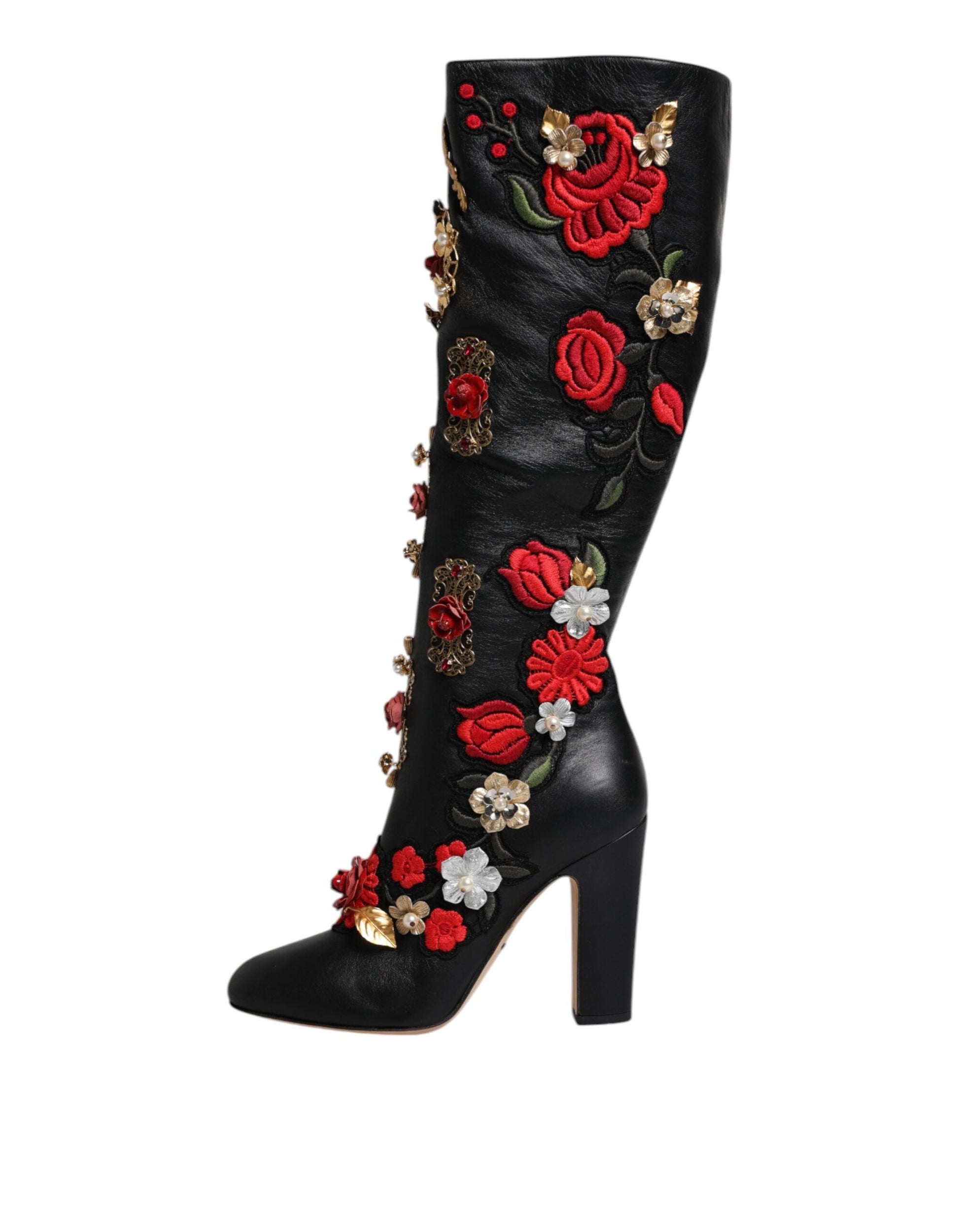Chaussures bottines à talons en cuir ornées de roses noires Dolce & Gabbana