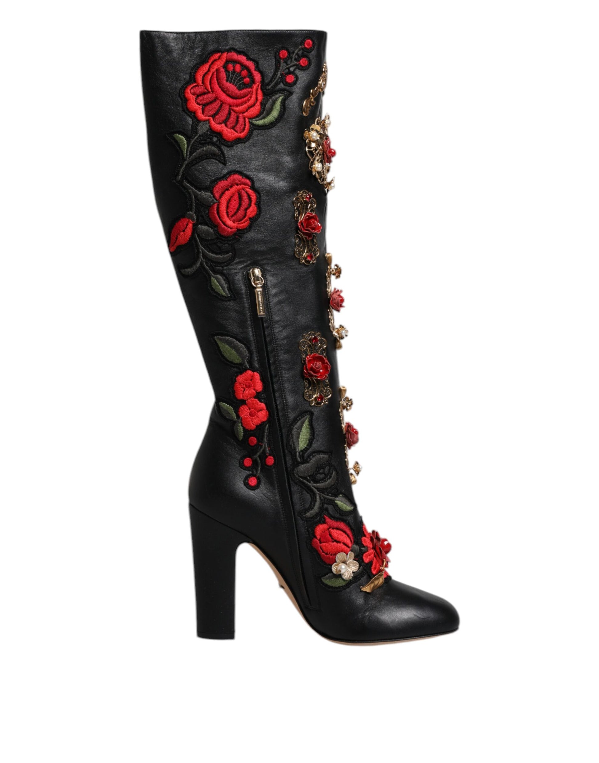 Chaussures bottines à talons en cuir ornées de roses noires Dolce & Gabbana