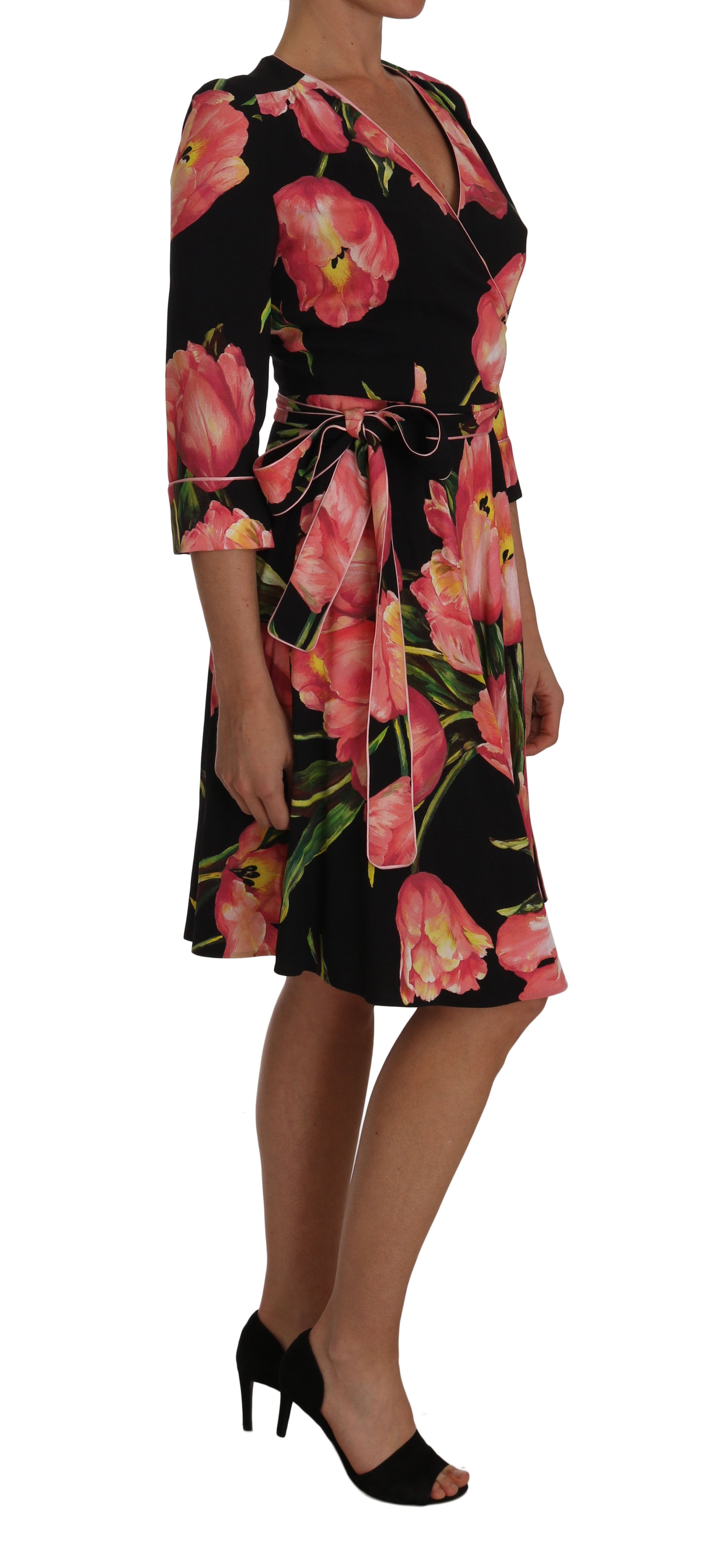 Robe fourreau Dolce & Gabbana en tissu stretch noir à imprimé tulipes roses