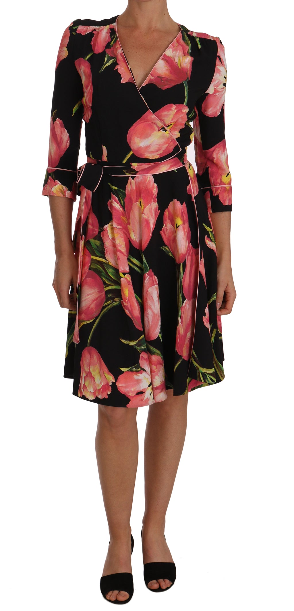 Robe fourreau Dolce & Gabbana en tissu stretch noir à imprimé tulipes roses
