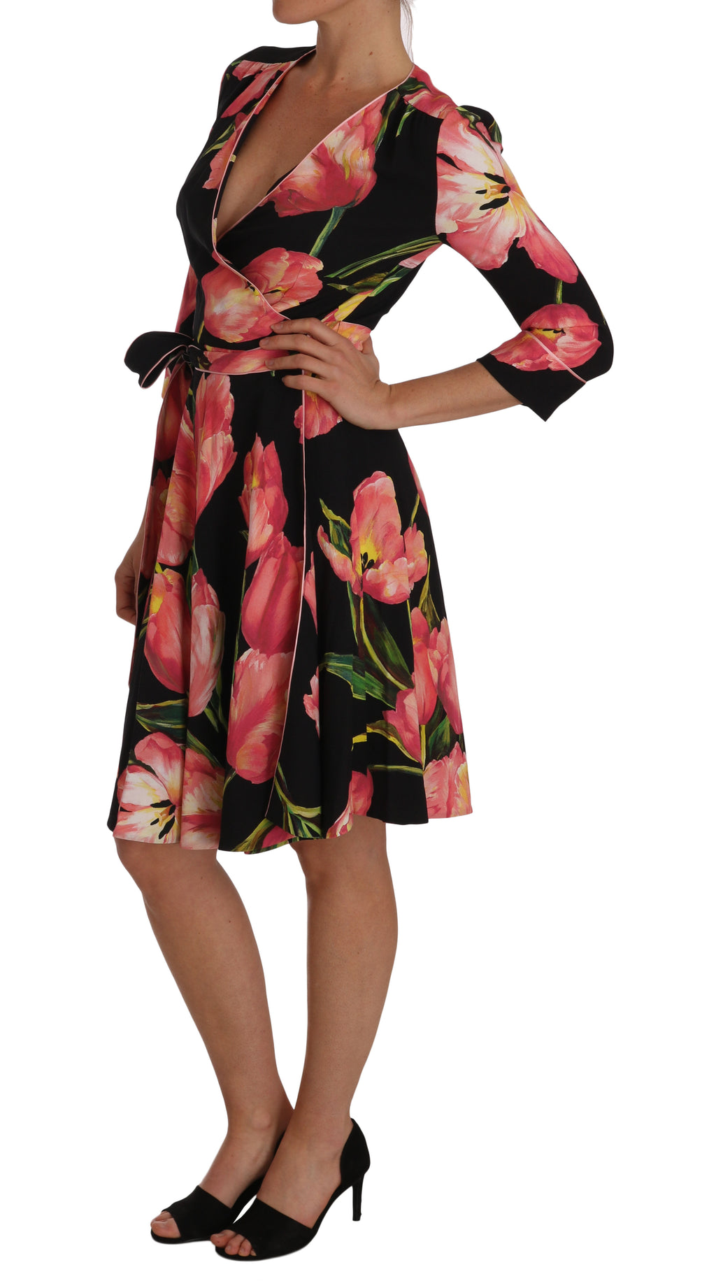 Robe fourreau Dolce & Gabbana en tissu stretch noir à imprimé tulipes roses