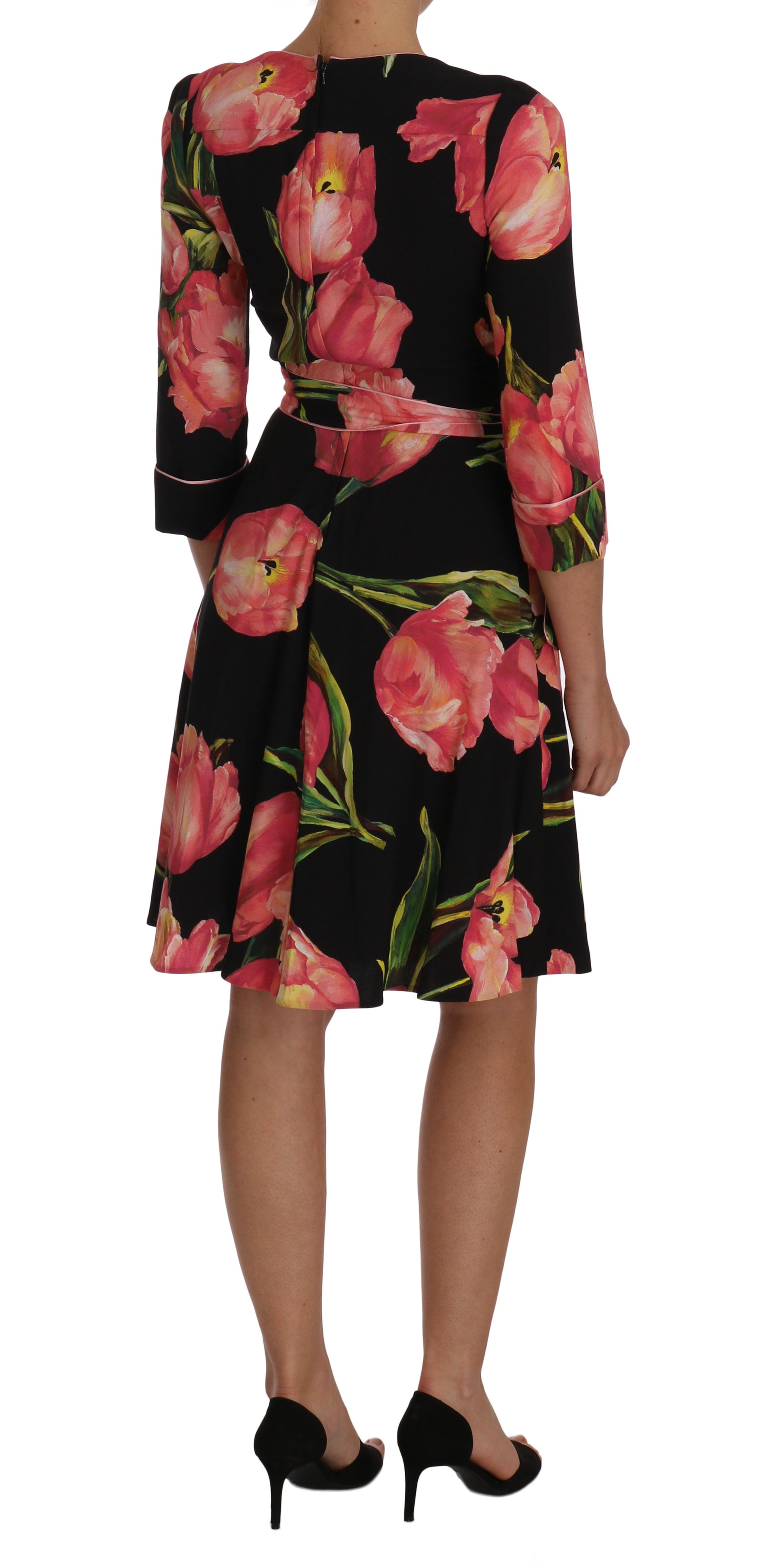 Robe fourreau Dolce & Gabbana en tissu stretch noir à imprimé tulipes roses