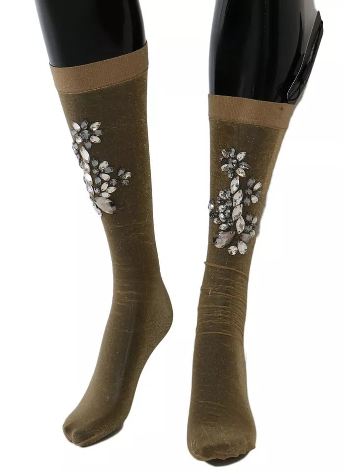 Chaussettes montantes Dolce & Gabbana en maille extensible dorée ornées de cristaux transparents