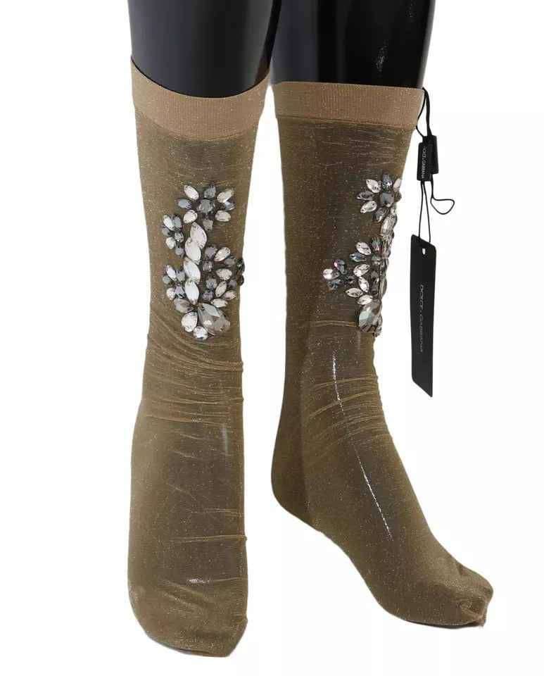 Chaussettes montantes Dolce & Gabbana en maille extensible dorée ornées de cristaux transparents