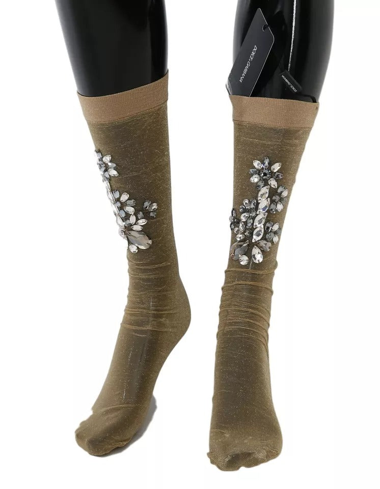 Chaussettes montantes Dolce & Gabbana en maille extensible dorée ornées de cristaux transparents