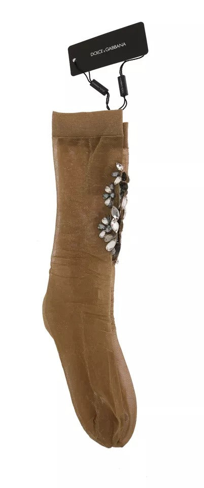 Chaussettes montantes Dolce & Gabbana en maille extensible dorée ornées de cristaux transparents