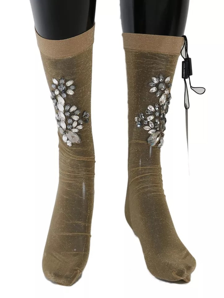 Chaussettes montantes Dolce & Gabbana en maille extensible dorée ornées de cristaux transparents