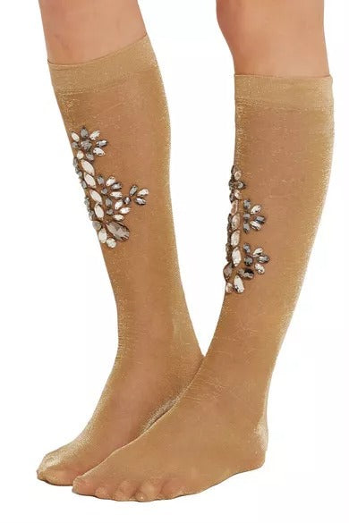 Chaussettes montantes Dolce & Gabbana en maille extensible dorée ornées de cristaux transparents