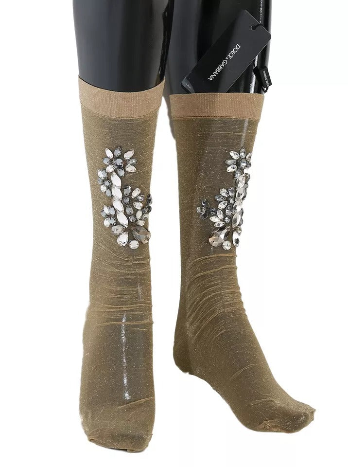 Chaussettes montantes Dolce & Gabbana en maille extensible dorée ornées de cristaux transparents