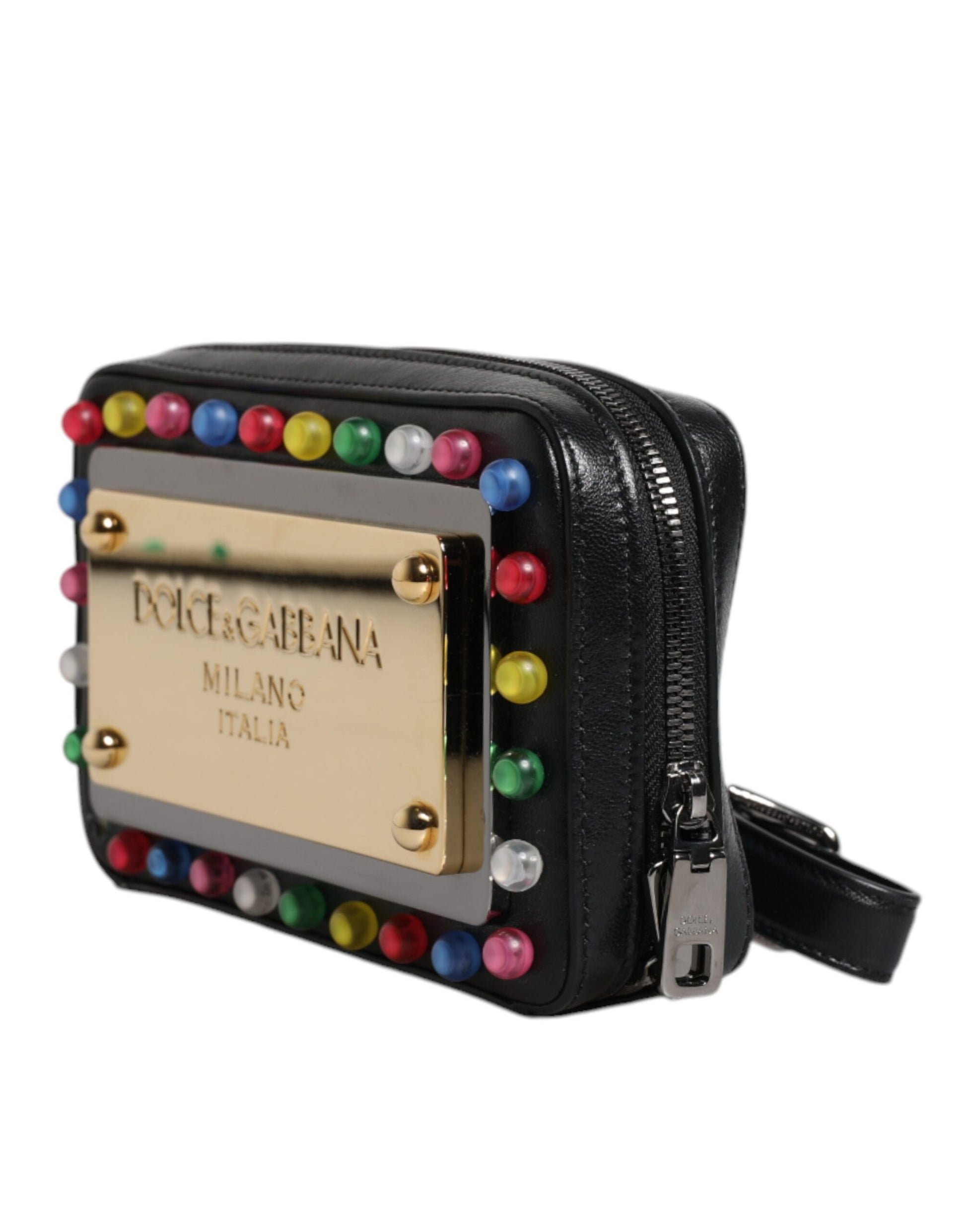 Pochette Dolce & Gabbana en cuir noir avec dragonne et logo LED