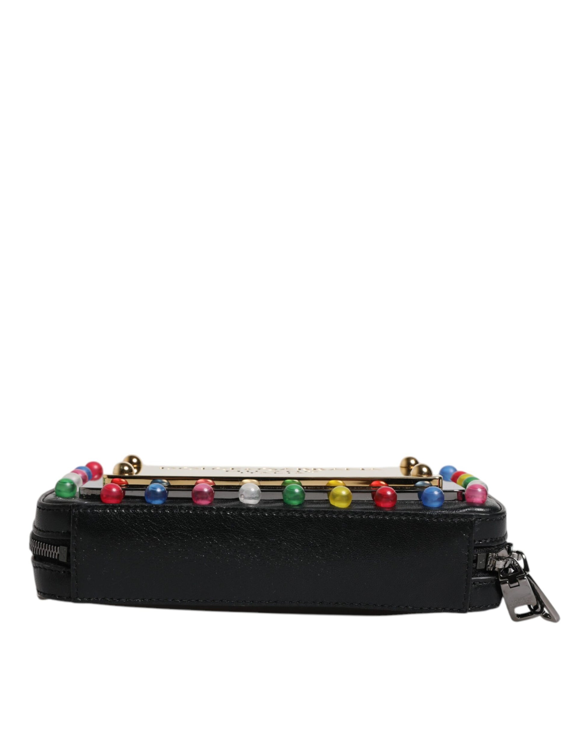 Pochette Dolce & Gabbana en cuir noir avec dragonne et logo LED