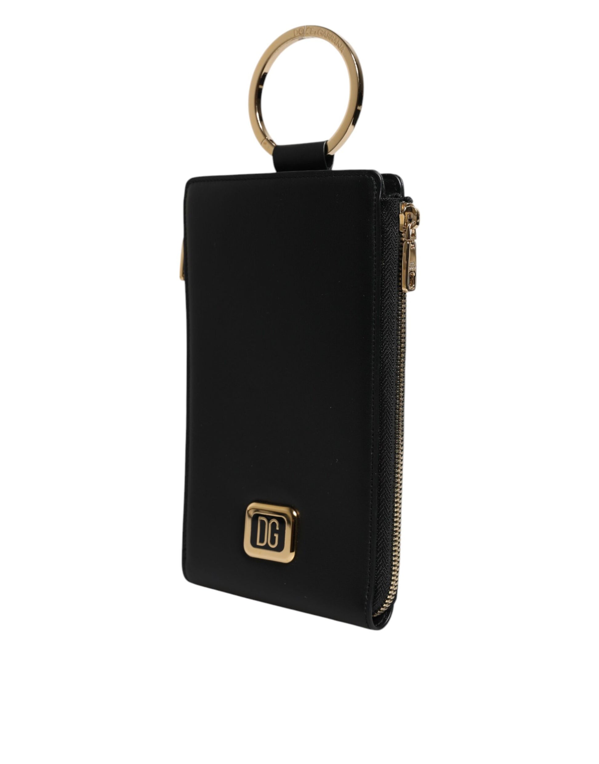 Porte-cartes et porte-monnaie Dolce & Gabbana en cuir noir avec plaque logo et dragonne