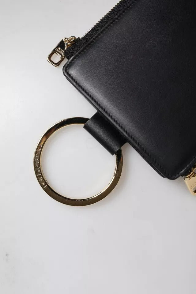 Porte-cartes et porte-monnaie Dolce & Gabbana en cuir noir avec plaque logo et dragonne