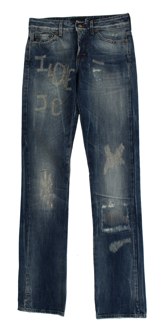 Jean droit Cavalli en coton délavé bleu déchiré