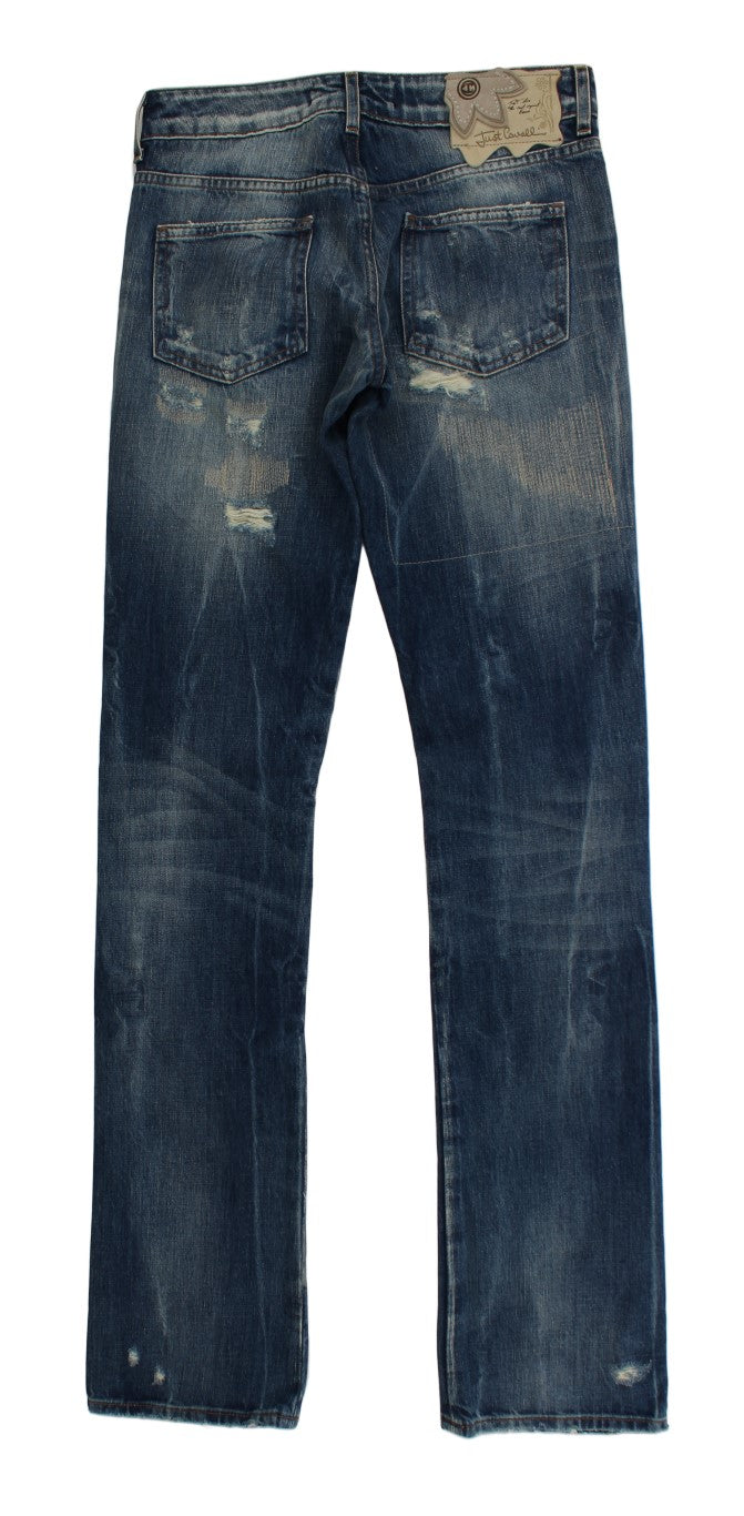 Jean droit Cavalli en coton délavé bleu déchiré