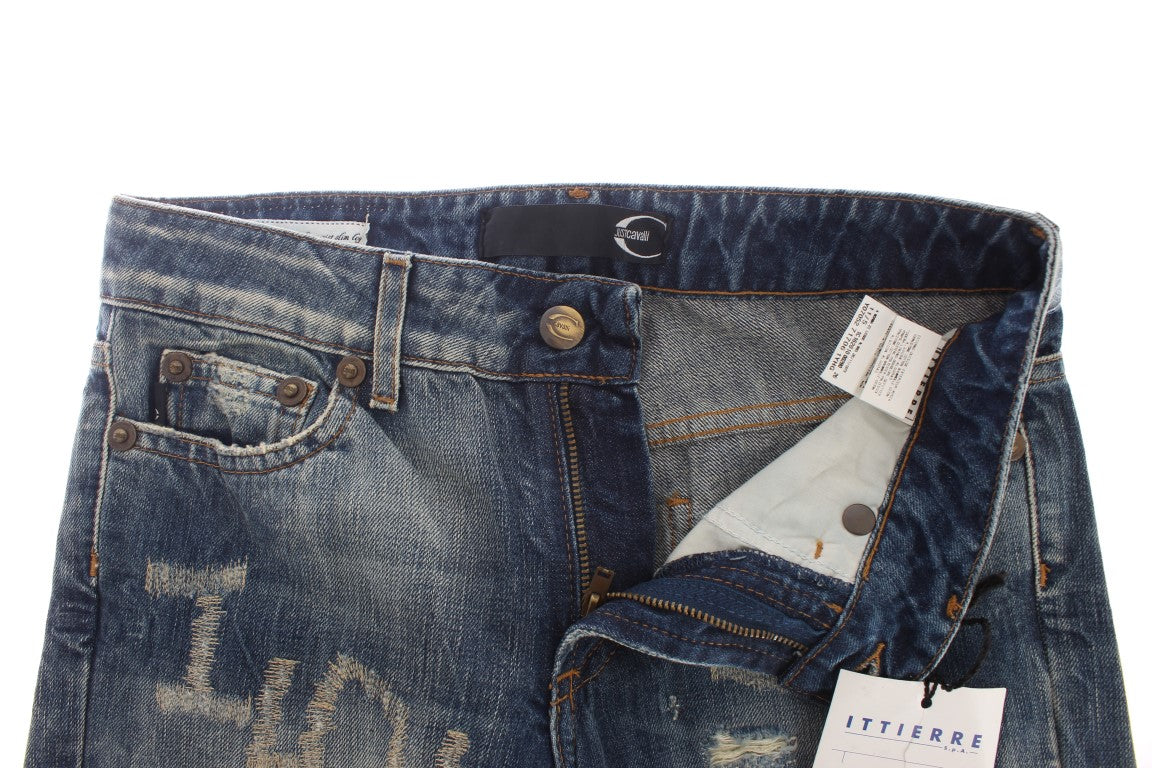 Jean droit Cavalli en coton délavé bleu déchiré