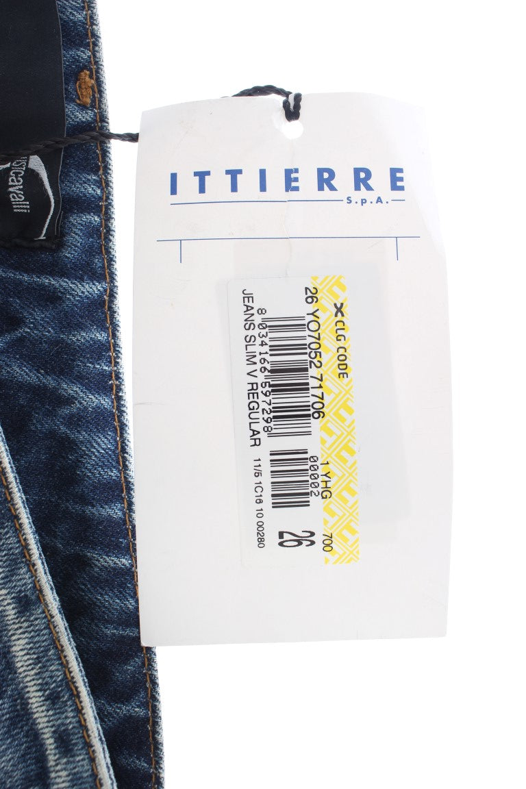 Jean droit Cavalli en coton délavé bleu déchiré