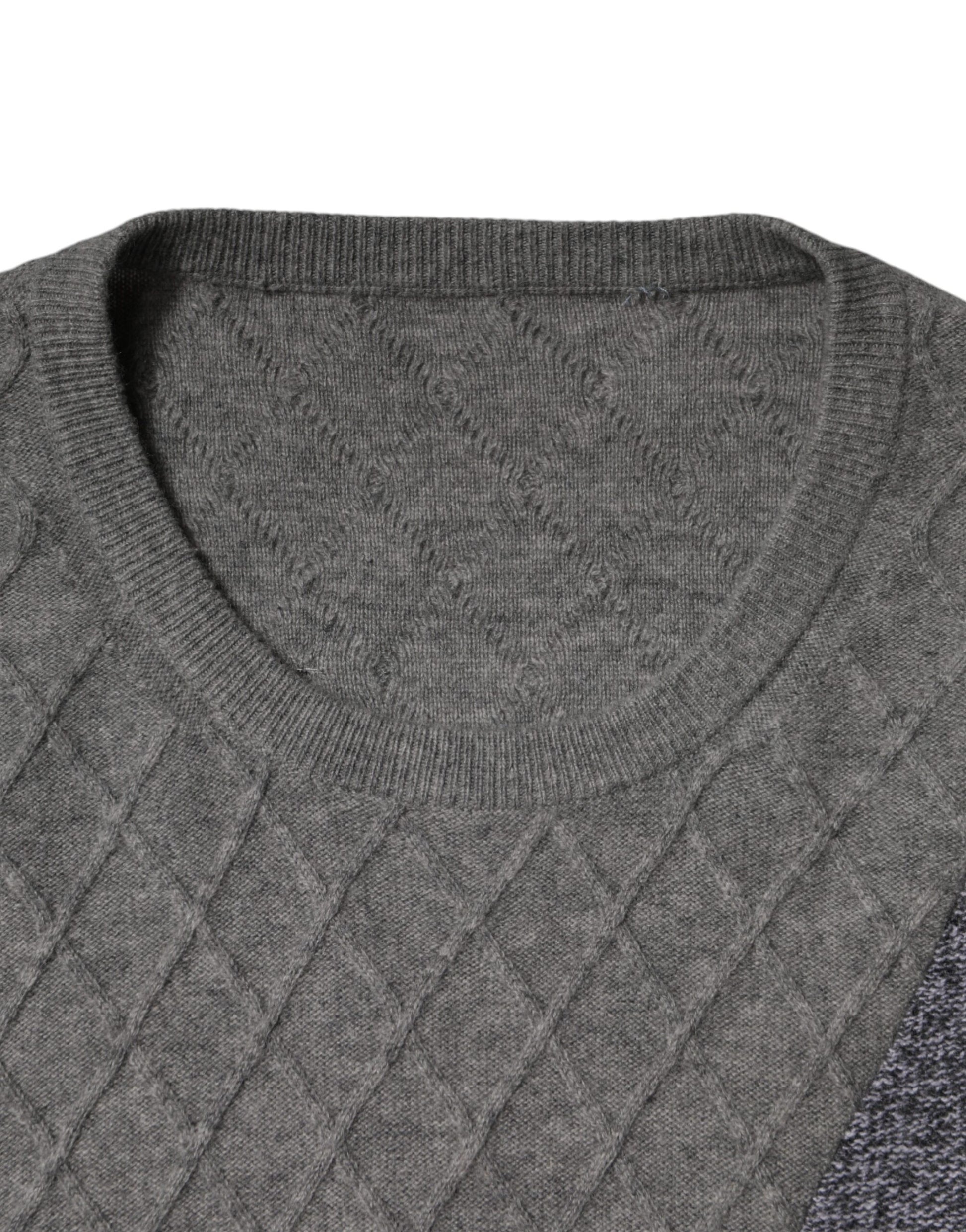 Ballantyne – Grauer Kaschmir-Strickpullover mit Argyle-Intarsienmuster und Rundhalsausschnitt