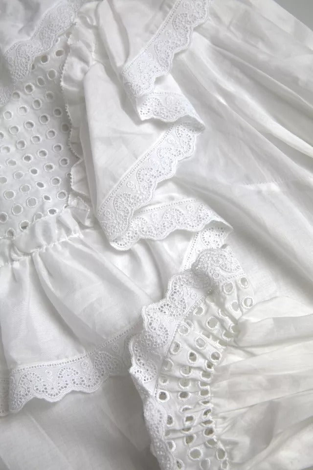 Dolce & Gabbana White Cotton Lace Trim Turtle Neck Blouse