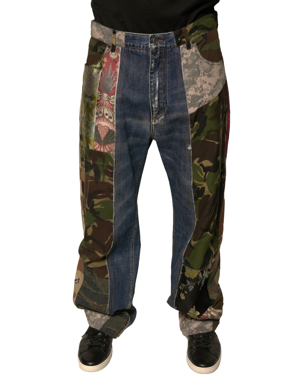 Jean en denim droit en coton patchwork bleu Dolce & Gabbana