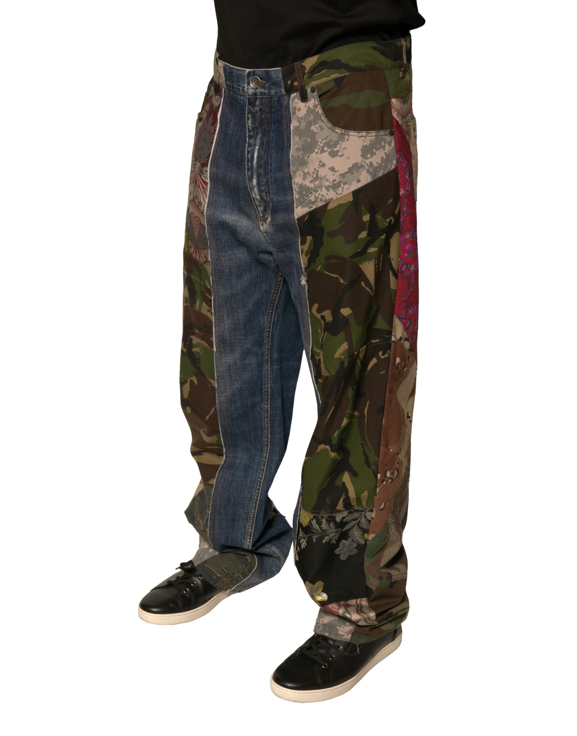 Jean en denim droit en coton patchwork bleu Dolce & Gabbana