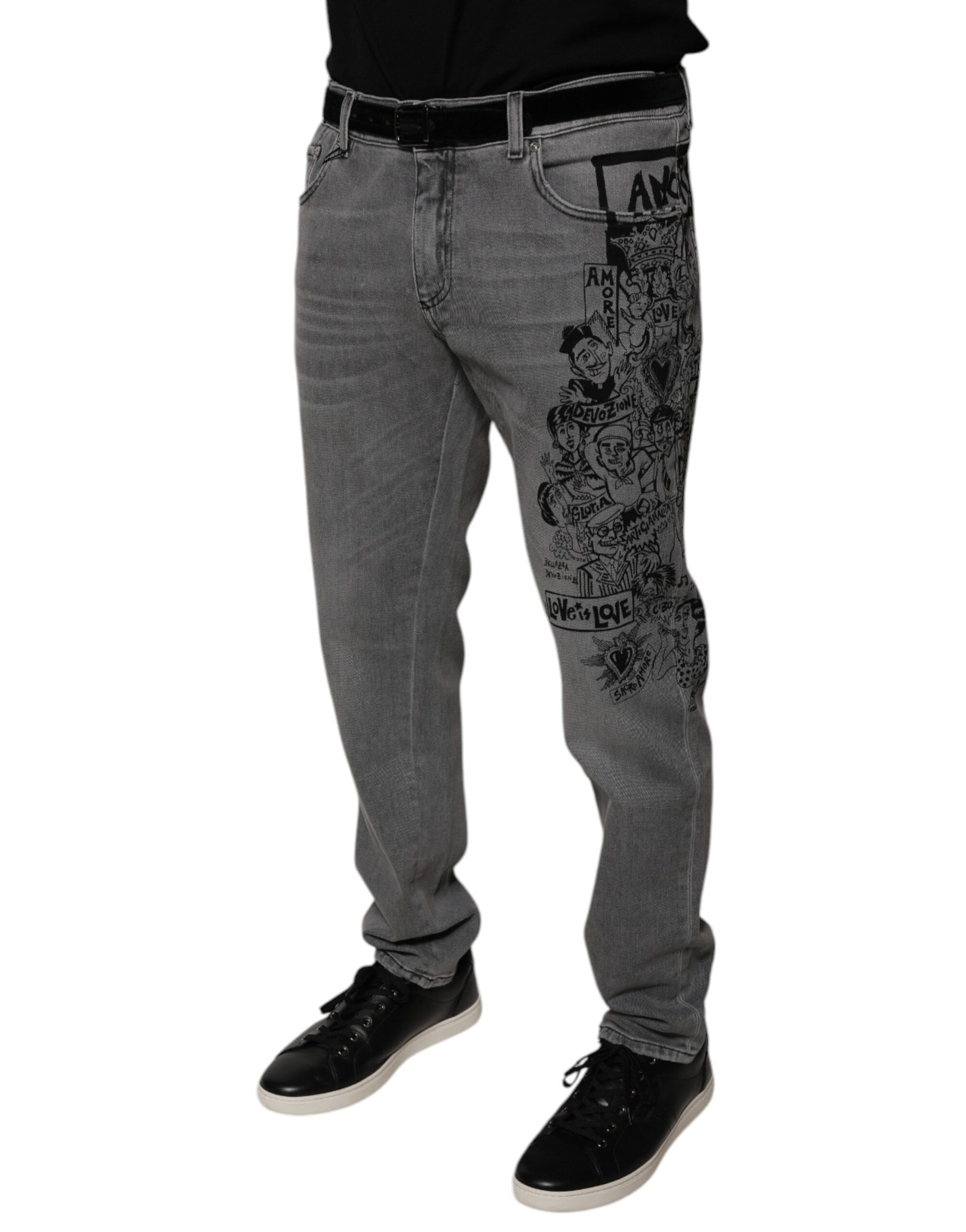 Dolce & Gabbana Jean Slim en Coton Gris Imprimé Graphique