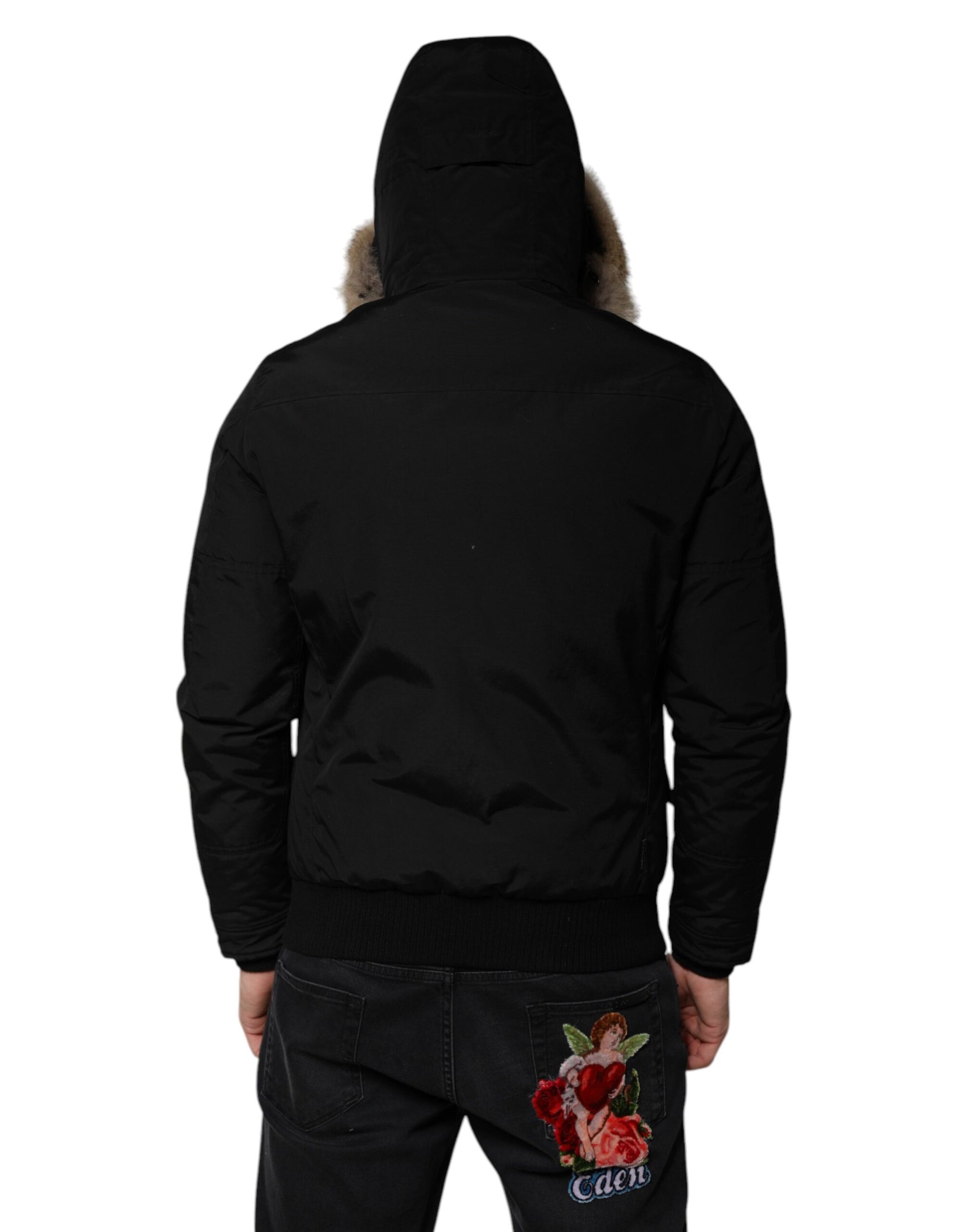 Woolrich – Schwarze, langärmlige Manteljacke aus Pelz und Lammfell mit Kapuze