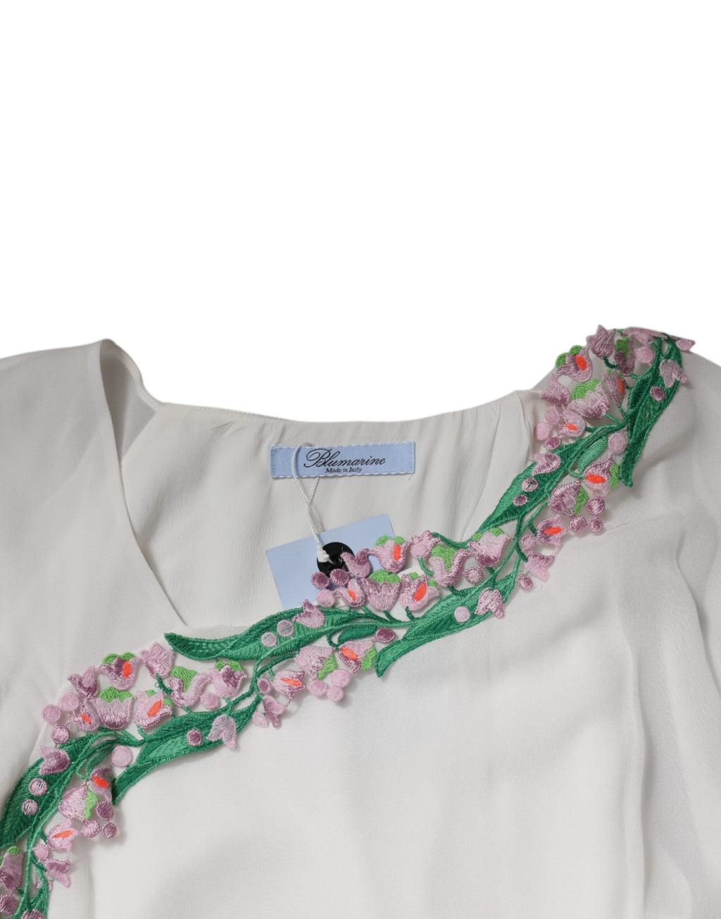 Blumarine – Weißes Etuikleid aus Viskose-Chiffon mit Blumenstickerei