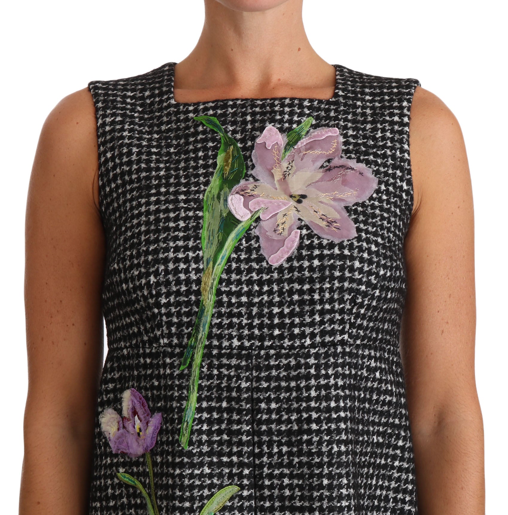 Mini-robe droite Dolce & Gabbana gris pied-de-poule à appliqués floraux