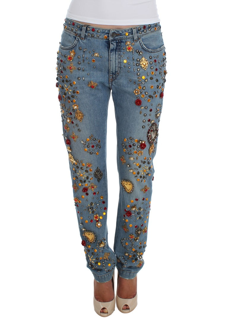 Jeans ornés de cœurs et de roses en cristal Dolce & Gabbana