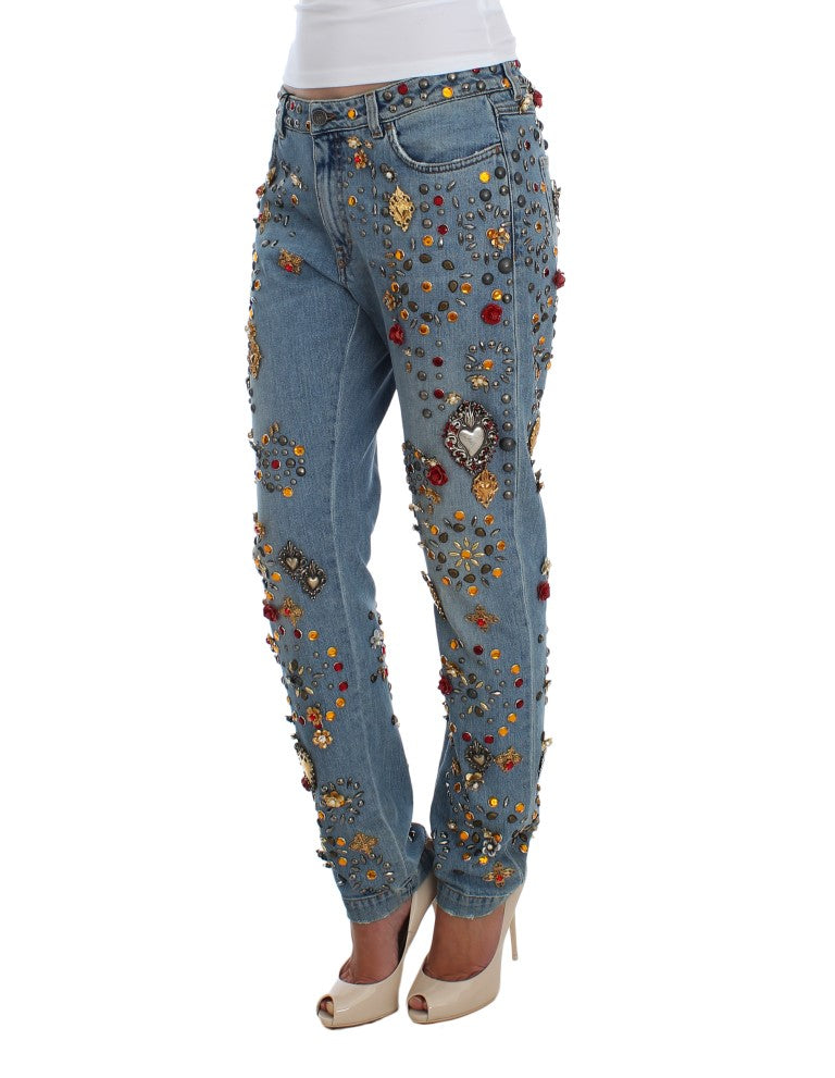 Jeans ornés de cœurs et de roses en cristal Dolce & Gabbana