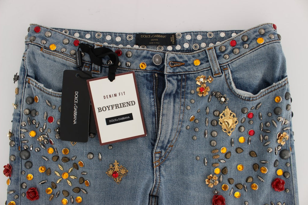 Jeans ornés de cœurs et de roses en cristal Dolce & Gabbana