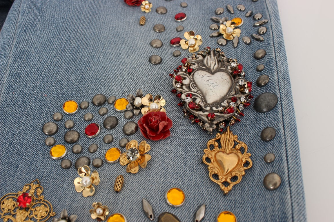 Jeans ornés de cœurs et de roses en cristal Dolce & Gabbana