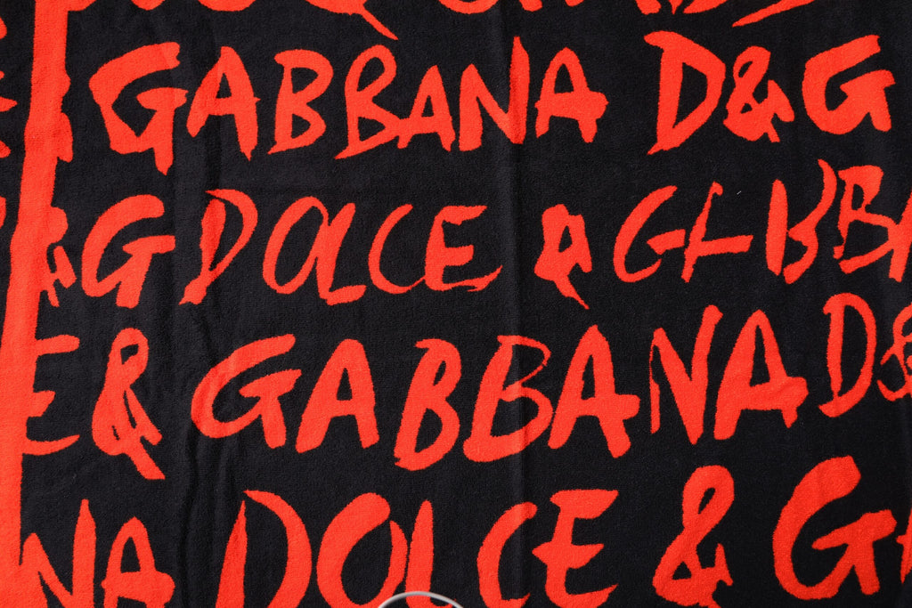 Serviette de Plage Dolce & Gabbana en Coton Noir Imprimé Logo Rouge